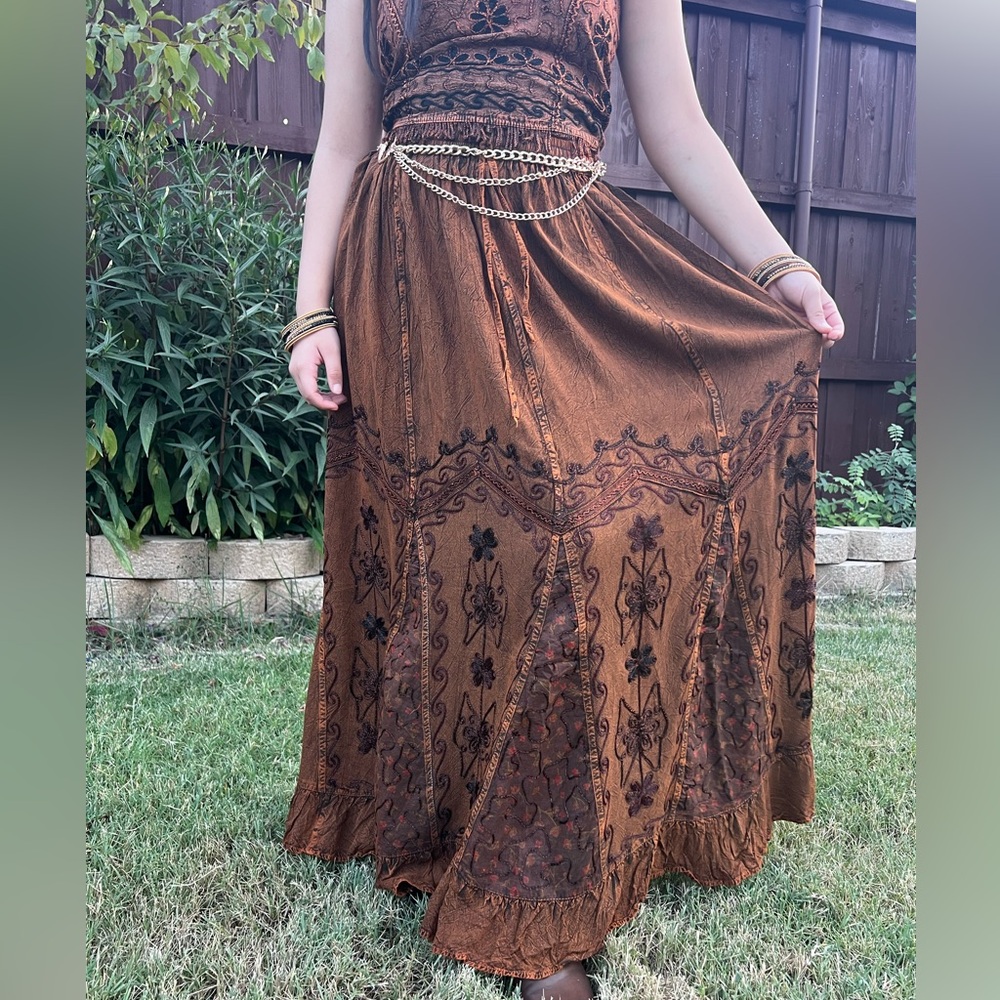 Vintage Vibe Brown Embroidered Long Skirt with Floral Patchwork